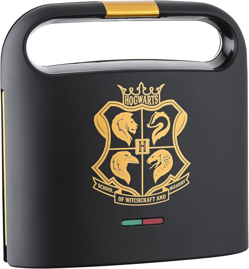 Harry Potter Warner Brothers Dual Sandwich Maker by Select Brands - Ceramic Coated Cooking Plates - Imprints Hogwarts Crest and Glasses on Toasted Sandwiches, Black and Gold, WBH-100SM - Image 1